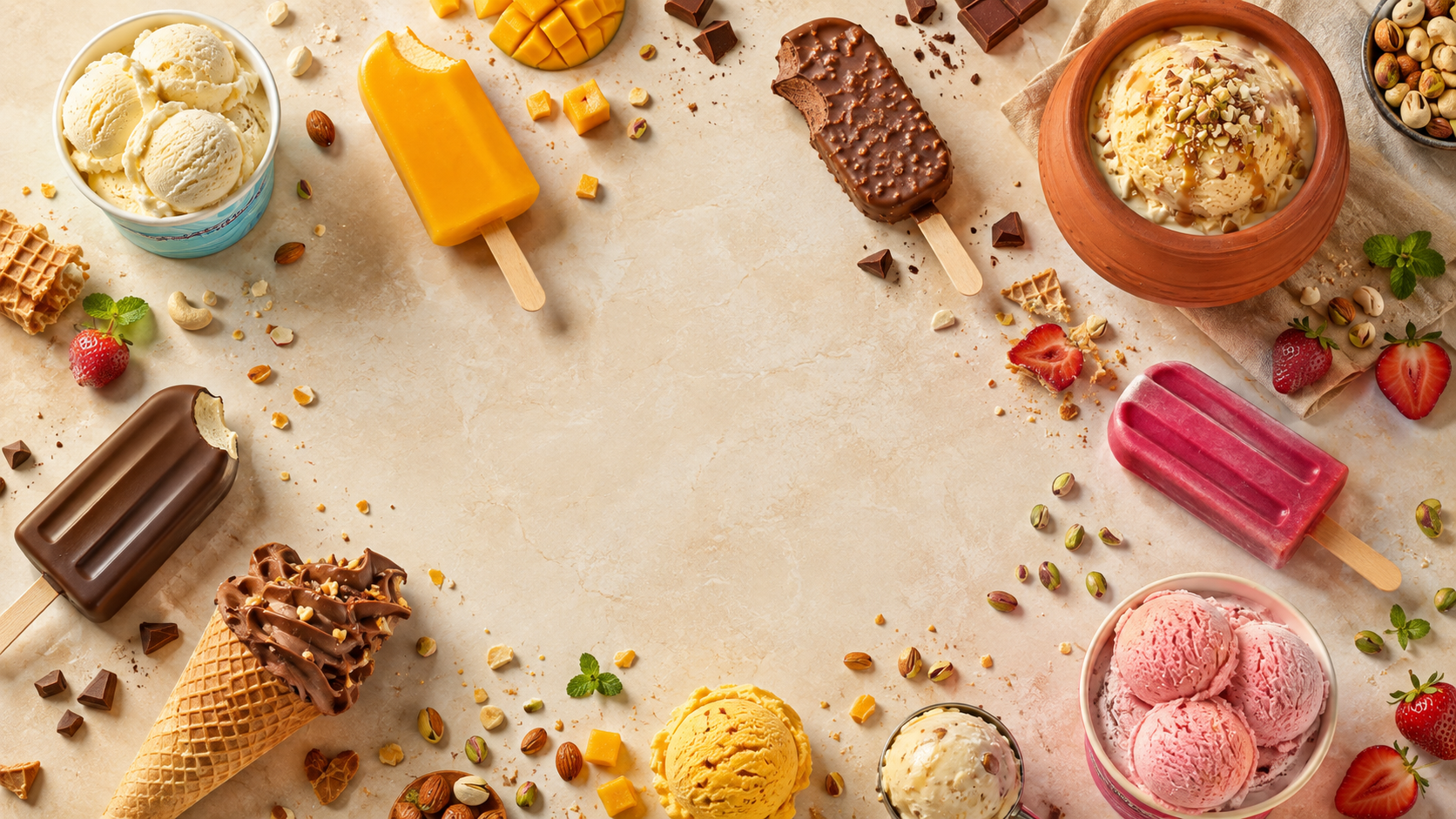 Naughty Ice Cream range arranged around a central negative-space backdrop